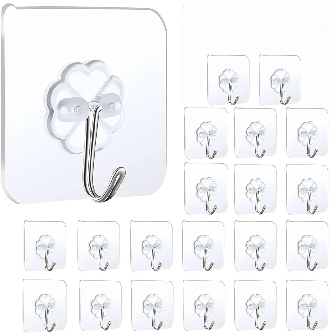 2 x Transparent Wall Hooks for Hanging - Wall Door Stick On /Extra Strong Sticky Hook for Hanging Coat, Clothes, Towel, Keys, Kitchen Utensils and Much More - 22lb(Max) - Pack of 20 (20, Medium Hooks)