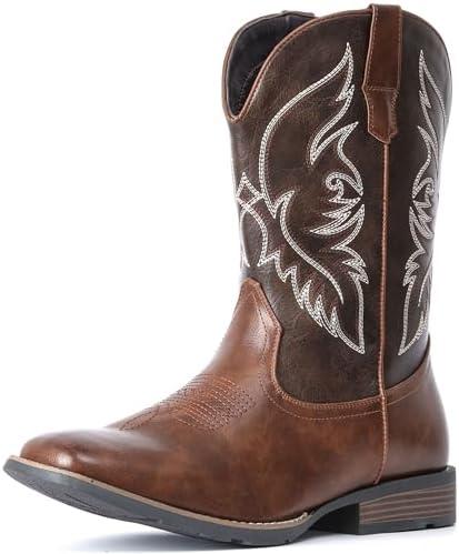 IUV Cowboy Boots For Men Square Toe Western Boot Durable Retro Classic Embroidered Pull On Boot Slip Resistant Country Boots Size 10, Dark Brown