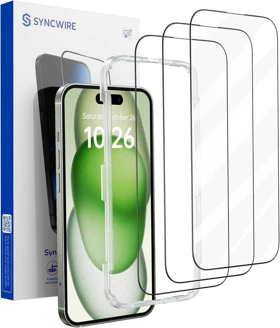 Syncwire 3 Pack Screen Protector for iPhone 16 / 15 Tempered Glass [9H, Easy Installation Frame, Bubble Free, Full Coverage, Sensitve, Clear, Case Friendly] for Apple Phone 15/16 6.1"