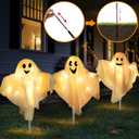 [8 Modes] 3 Pack Halloween Outdoor Decorations Lighted Ghost Yard Stakes with 50 LED Warm White Lights Battery Operated Bendable Arm Light Up White Cloth Ghost Yard Garden Outside Haunted House Decor
