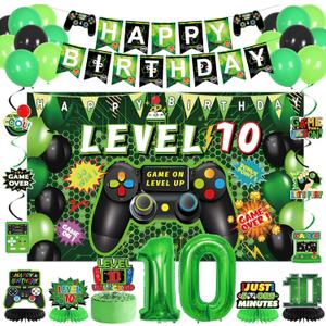 Vlipoeasn Green 10th Birthday Decorations for Boys, Video Game Level 10 Banner Backdrop Honeycomb Centerpieces Hanging Swirls for 10th Birthday Party, Gamer 10 Years Old Party Supplies