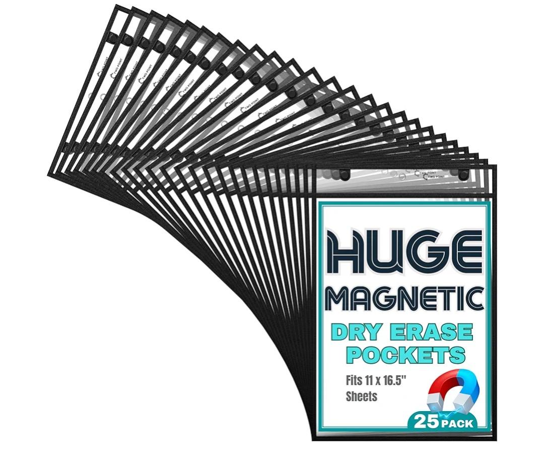 Huge Magnetic Dry Erase Pockets by Two Point (25-Pack) - Portrait - Fits 11 x 16.5 inch Pages, Black Dry Erase Sleeves, Job Shop Ticket Holders, Clear Paper Sleeves Protector, Magnetic Folder Pouch