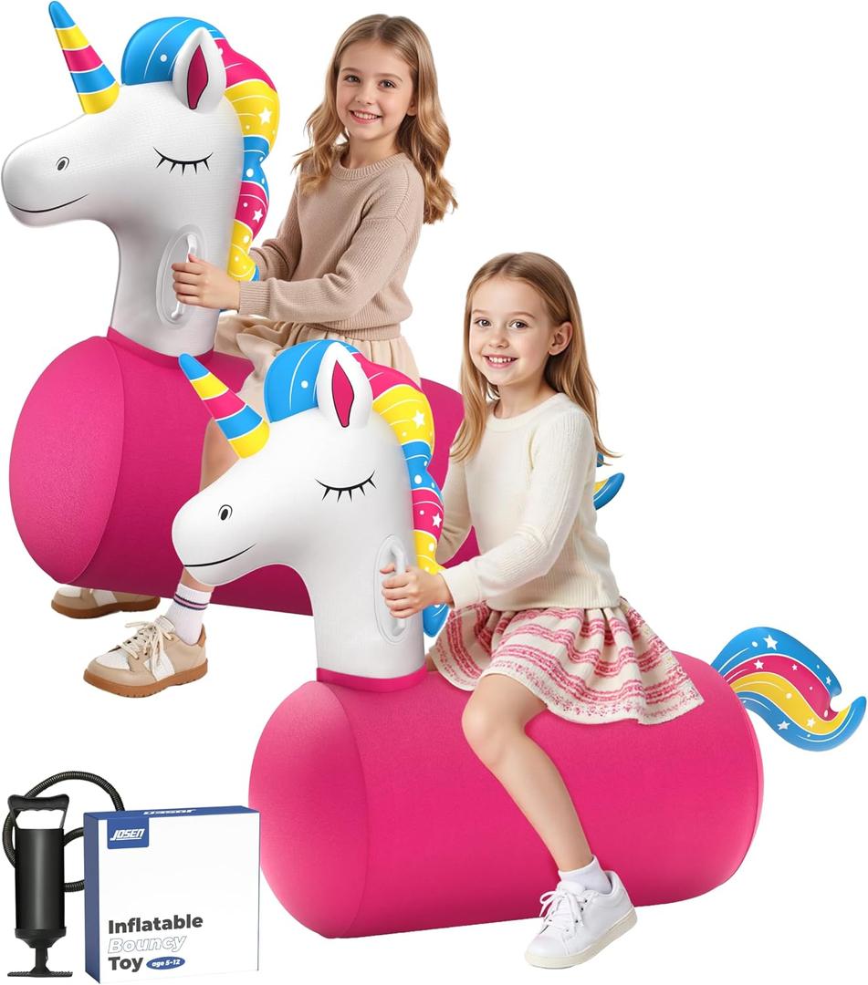 JOSEN Bouncy Hopper Giant Unicorn Ride On Toys, Inflatable Bouncing Animal Hopper with Hand Pump, Jumping Hopping Toys Up to 250lbs, Indoor Outdoor Bouncers for Teen Kids Girls Boys Ages 5+ (2 Pack)