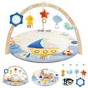 BG-BABYGO Baby Play Gym Activity Mat, 5 Developmental Zones Wooden Tummy Time Mat with 7 Detachable Sensory Toys for Motor Skills & Sensory Development, Baby Essentials Shower Gift, Easy to Install (37.6*37.6 Inch, Blue)