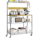 Bakers Rack with Power Outlet & Storage, 33 Inch Microwave Stand Kitchen Shelf Storage Rack, Coffee Bar Cart with Wheels & Hooks, 4-Tier Metal Kitchen Shelves Cart, Chrome
