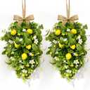 2 Pack 22'' Lemon Swag Wreaths for Cabinets Spring Summer Teardrop Wreath with White Daisy Flowers Artificial Lemon Teardrop Wreath with Bow for Farmhouse Front Door Porch Window Wall Hanging Decor