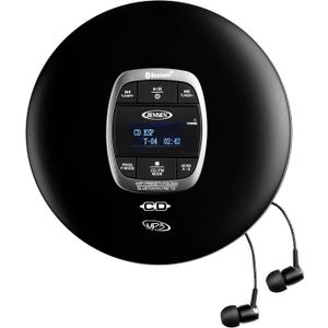 Jensen Portable CD Player Bluetooth 5.0 for Car with FM Transmitter, MP3 CD Playback, 60 Sec- Anti-Skip, Bass Boost, Rechargeable CD Player, Stereo Sport Earbuds (Matte Black)