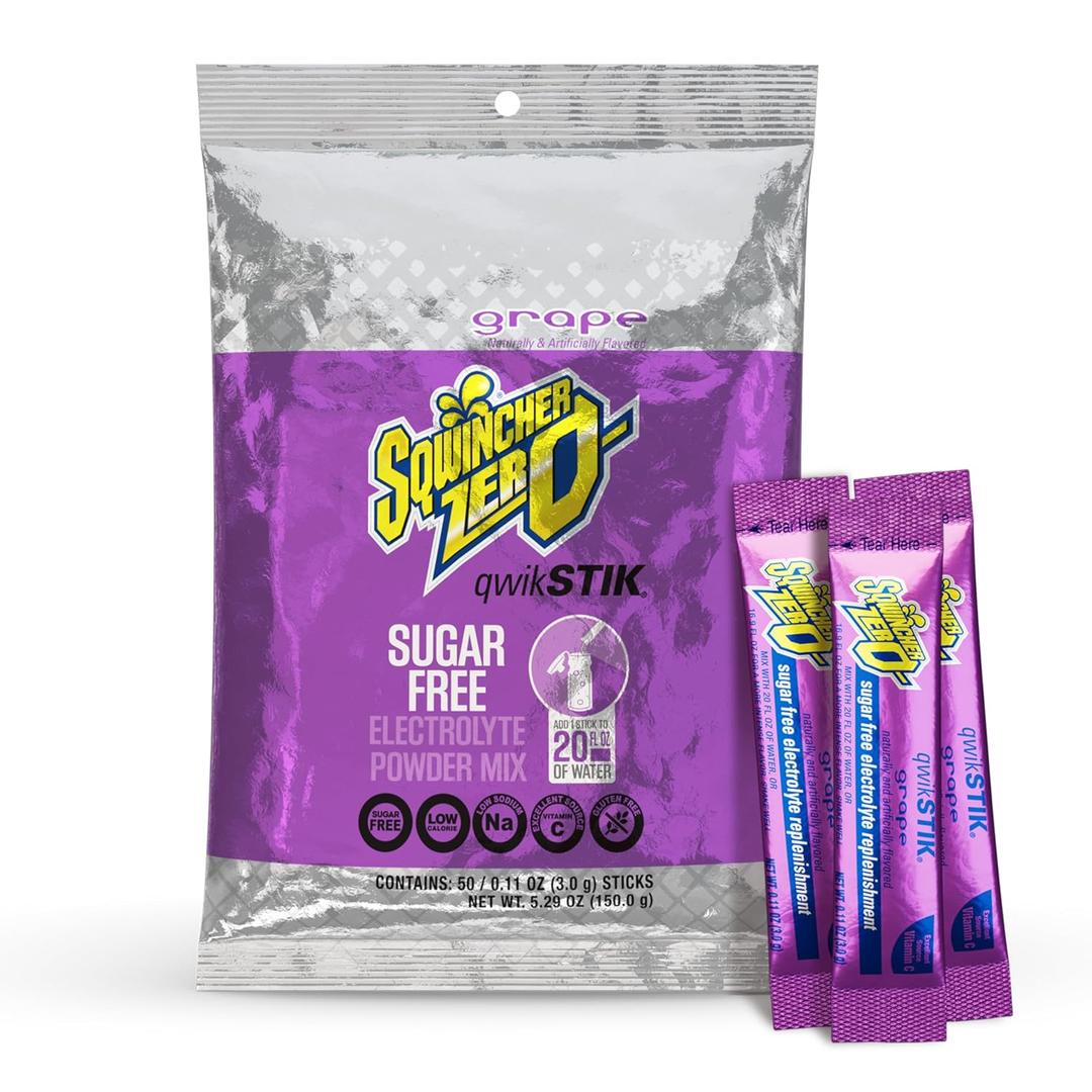Sqwincher Zero Qwik Stik, Grape, Sugar Free, Low Calorie, Low Sodium Electrolyte Powder Hydration Drink Mix, .11 0z Packet (Pack of 50) (EXP 07/09/26)