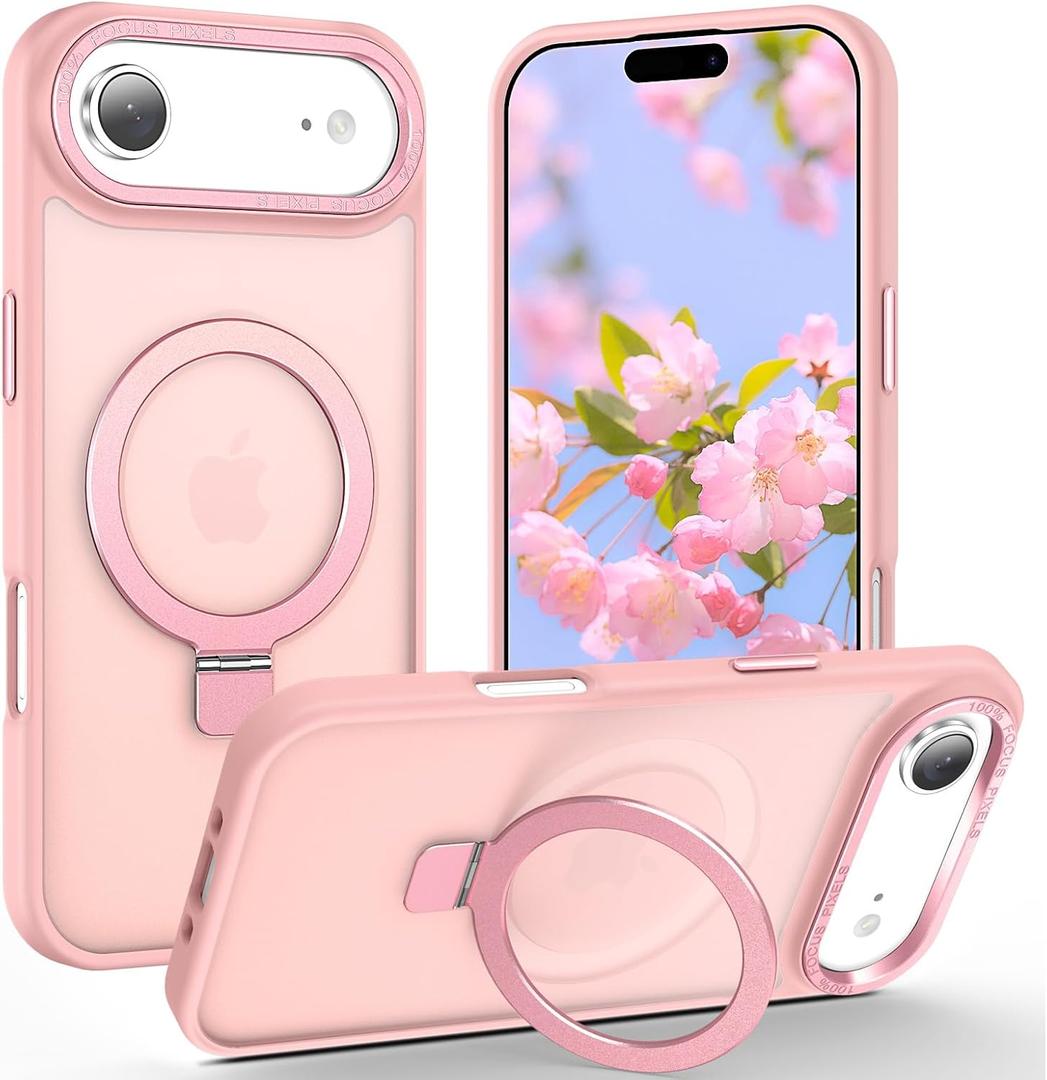 Magnetic for iPhone Air Case with Ring Stand, [10 FT Drop Protection] [Velvety Touch] Slim Translucent Matte Back Shockproof Phone Case for iPhone 17 Air 6.5'', Pink
