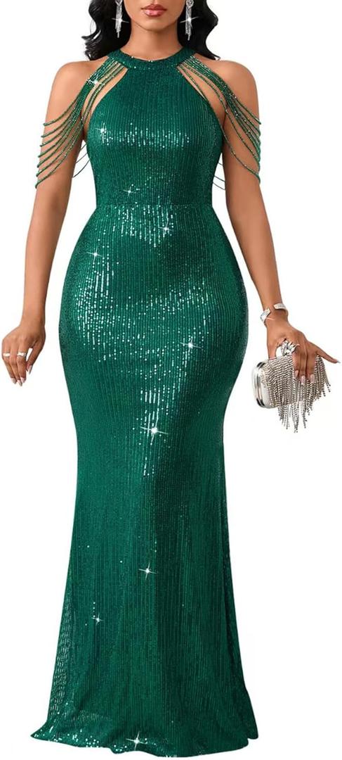 Cololura Women Sexy Elegant Sequin Tassel Off Shoulder Halter Bodycon Maxi Dress Party Evening Gown Formal Dress (Large, Green)