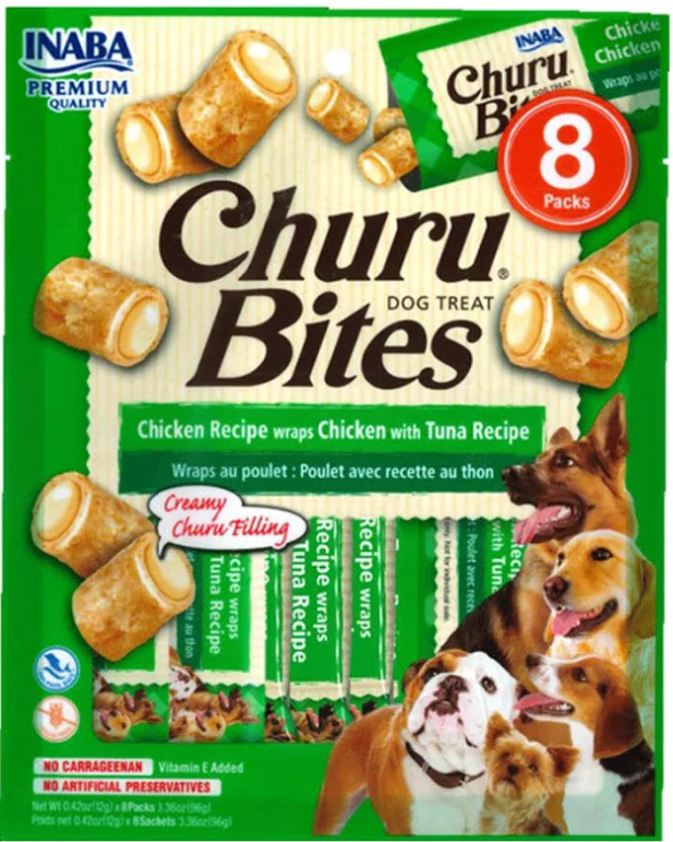INABA Churu Bites for Dogs, Grain-Free, Soft/Chewy Baked Chicken Wrapped Churu Filled Dog Treats, 0.42 Ounces Each Tube | 24 Tubes Total (8 Tubes per Pack), Chicken with Tuna Recipe, Pack Of 6