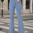 Allegra K Women's Flare Jeans 70s Outfits High Waisted Stretchy Denim Pants Trendy Bell Bottom Jeans (Blue, L)
