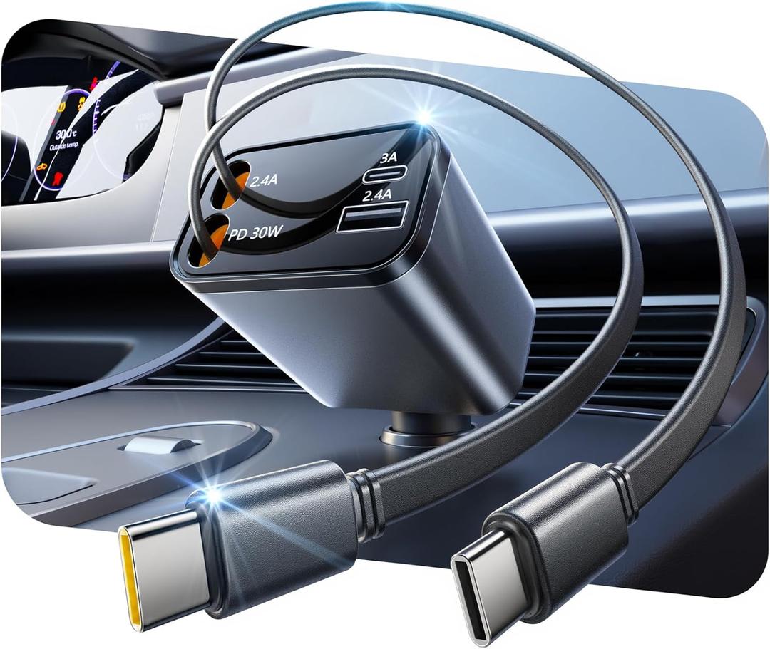 SUPERONE Smaller 4 in 1 Retractable Car Charger with Dual Type C Cords, 69W Fast Retractable USB C Car Charger, Car Accessories Car Chargers for iPhone 17 16 15 14 13 12 Galaxy Pixel