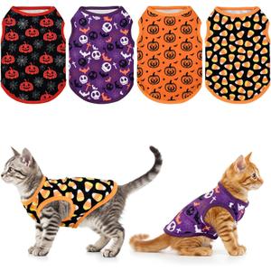 4-Pack Halloween Themed Dog Shirts Puppy Pumpkin Pattern Tank Tops Cute Skull Corn Candy Style Outfits for Small Boy Girl Puppy Festival Costume for Small Medium Dogs M