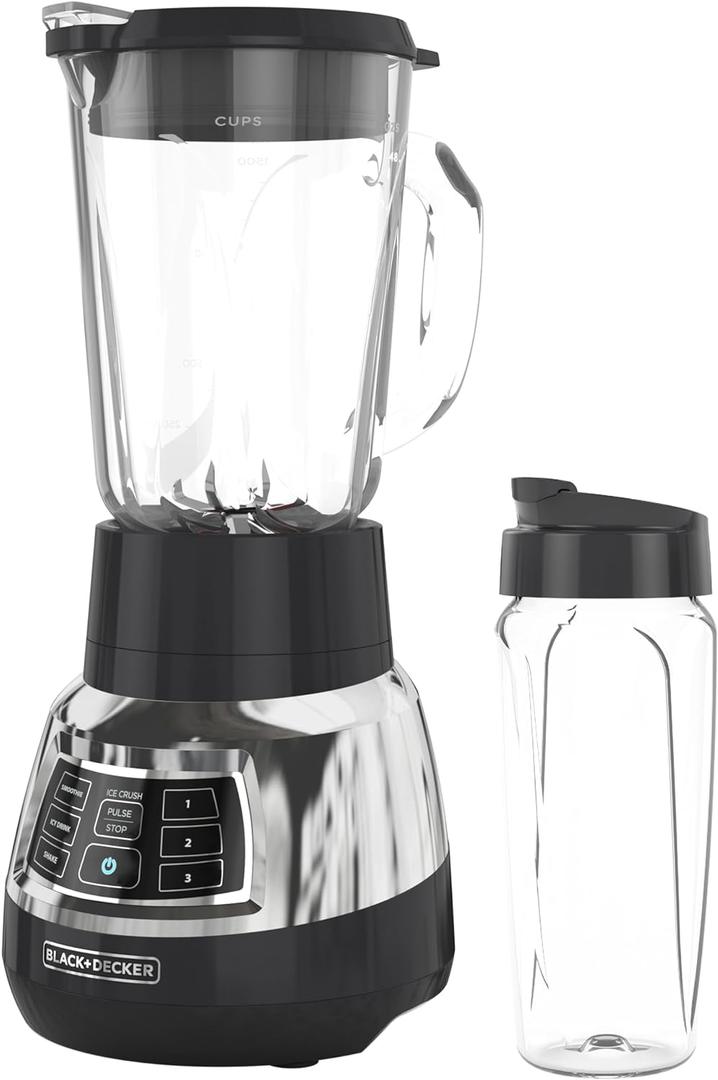 Black+Decker Quiet Blender with 6-Cup Cyclone Glass Jar, 3 Speeds + 3 Functions & Serrated Blade Technology for Faster Blending, Pulse Button and 24-oz Personal Jar, 900W