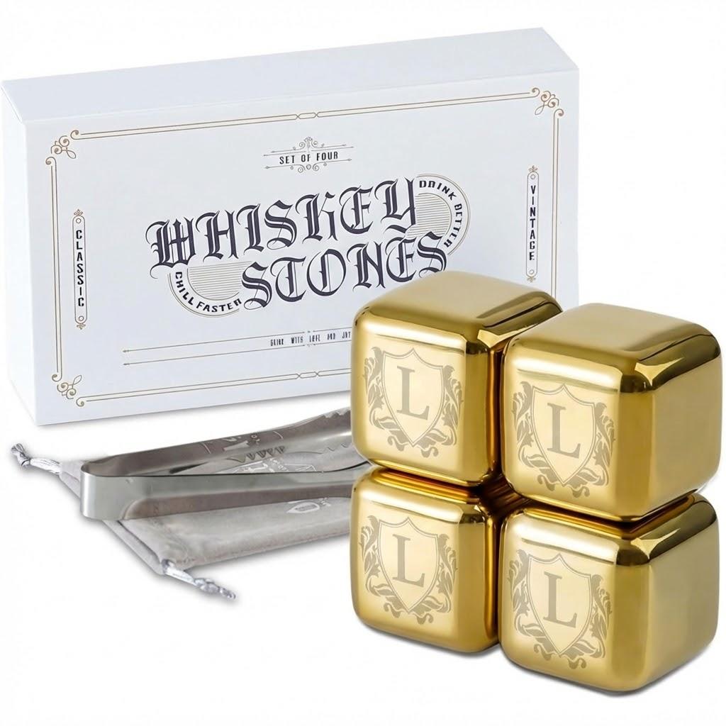 Onebttl Whiskey Stones Golden with Initial - 4pcs Stainless Steel Ice Rocks, Unique Gift for Men Women, Perfect for Whisky Lovers for Christmas, Birthday, L