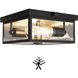 Outdoor Ceiling Light with Motion Sensor, Flush Mount Porch Light, Exterior Light Fixture with Clear Glass, Dusk to Dawn 2-Light Fixture for Patio,Porch (8.5 in)