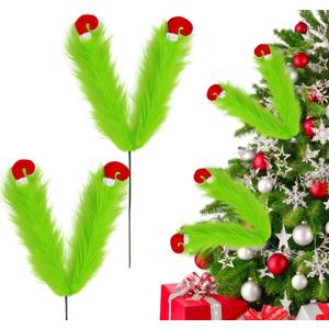Vloso 2 Pcs Christmas Tree Picks 27 Inch,Green Furry Legs for Christmas Tree Topper Wreath Vase Filler,Green Feet Christmas Tree Decorations