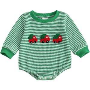 ZAXARRA Baby Christmas Sweatshirt Romper Striped Waffle Knit Jumpsuit Christmas Tree Embroidery Cute Boy Girl Holiday Outfit (3-6Months, Green)