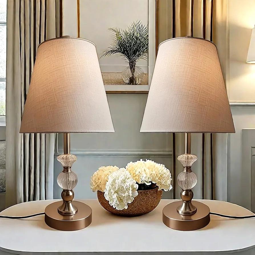 Bedroom Table Lamp Set of 2, Modern Crystal Bedside Lamp with Linen Shade, Tabletop Reading Lamp for Living Room/Dorm/Office, Includes 2 Bulbs(Off White)