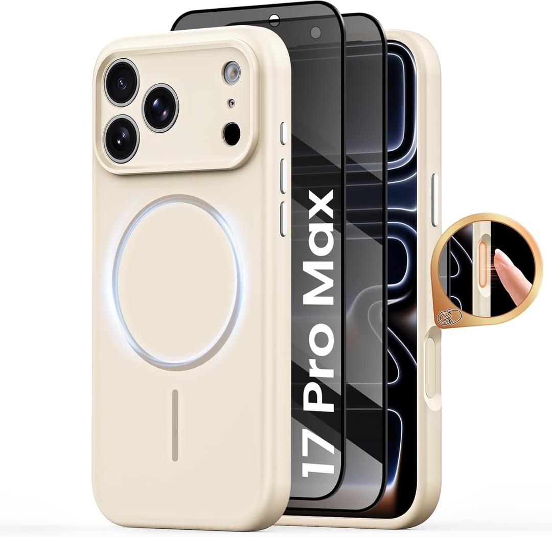 Magnetic for iPhone 17 Pro Max Case Silicone, 2X Privacy Screen [for MagSafe] [Camera Control] 3.0mm Thickened Shockproof Cover Women Girls Boys Phone Case for iPhone 17 Pro Max, Beige
