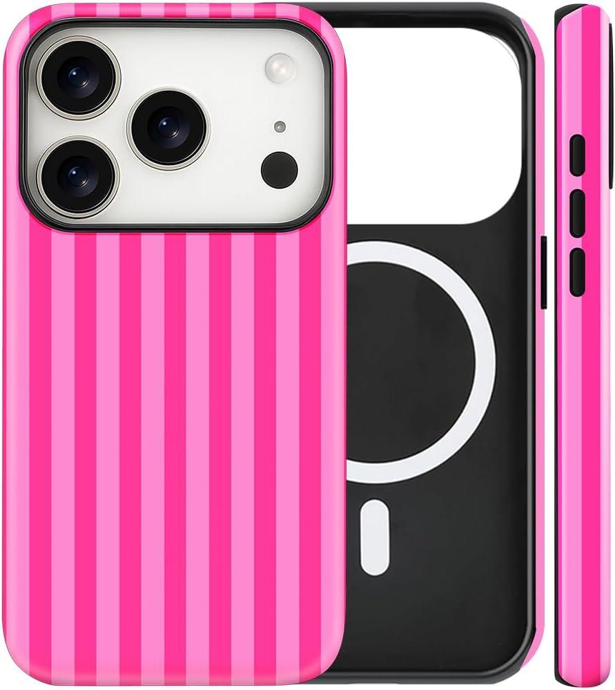 Magnetic for iPhone 17 Pro Case Cute Stripes Phone Case, Shockproof Slim TPU and Hard PC Protective Phone Cover Compatible with MagSafe Designed for Women Girls, Deep Pink