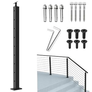 Cable Railing System - Adjustable Top Stair Post, Black Stainless Steel, 36''x2''x2''-9 Holes with Protector Sleeve for Wood, Concrete, Angle Stair, PA01