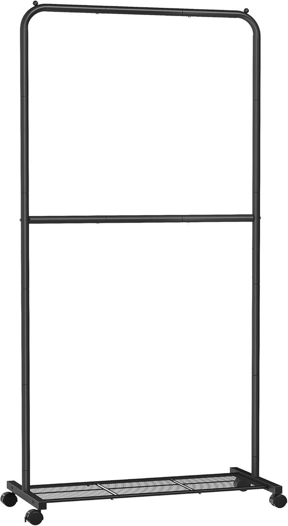 SONGMICS Clothes Rack with Wheels, Double-Rod Clothing Rack for Hanging Clothes, 25.4mm Metal Garment Rack with Dense Mesh Storage Shelf, 110 lb Load Capacity, 2 Brakes, Black UHSR027B01 SONGMICS Clothes Rack with Wheels, Double-Rod Clothing Rack for Hanging Clothes, 25.4mm Metal Garment Rack with Dense Mesh Storage Shelf, 110 lb Load Capacity, 2 Brakes, Black UHSR027B01