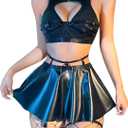 ABAFIP Women Rave Outfits Metallic Mini Skirt Cutout Crop Bra Top Choker Strappy Festival Dancewear set (Medium, Black)