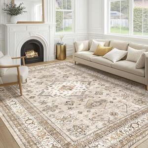 Vintage Living Room Area Rug 9x12 - Large Soft Washable Oriental Traditional Distressed Farmhouse Rugs for Bedroom - Indoor Floor Accent Carpet for Home Office House Decor - Beige