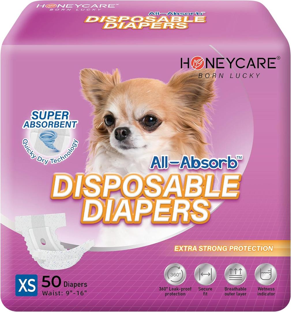 HONEY CARE All-Absorb Disposable Female Dog Diapers Extra Small Size, Improved, 50 Count, Super Absorbent, Breathable, Wetness Indicator (Pack of 1, 50 Count Total)