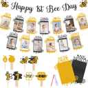 Glitter Black Gold Bumble Bee First Birthday Photo Banners from New Born to 12 Months Happy 1st Bee Day Party Decorations Monthly Milestone Picture Garland Banner for Boy Baby Shower with 24pcs Cake Toppers