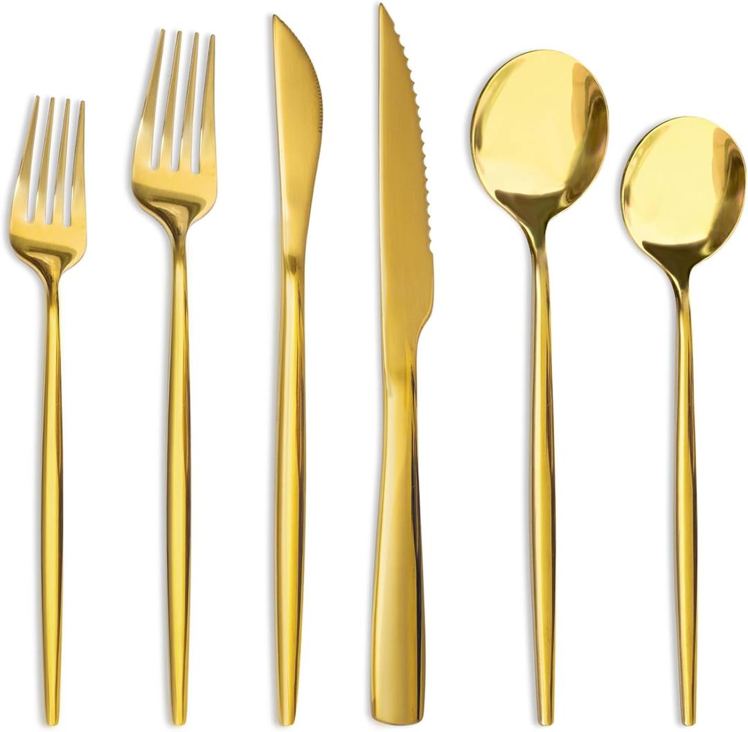 Astercook Silverware Set 48-Piece Gold Flatware Set with Steak Knives Food-Grade Stainless Steel Cutlery Set for 8 Mirror Polished Utensils Set for Home Kitchen Restaurant Valentine's Gift
