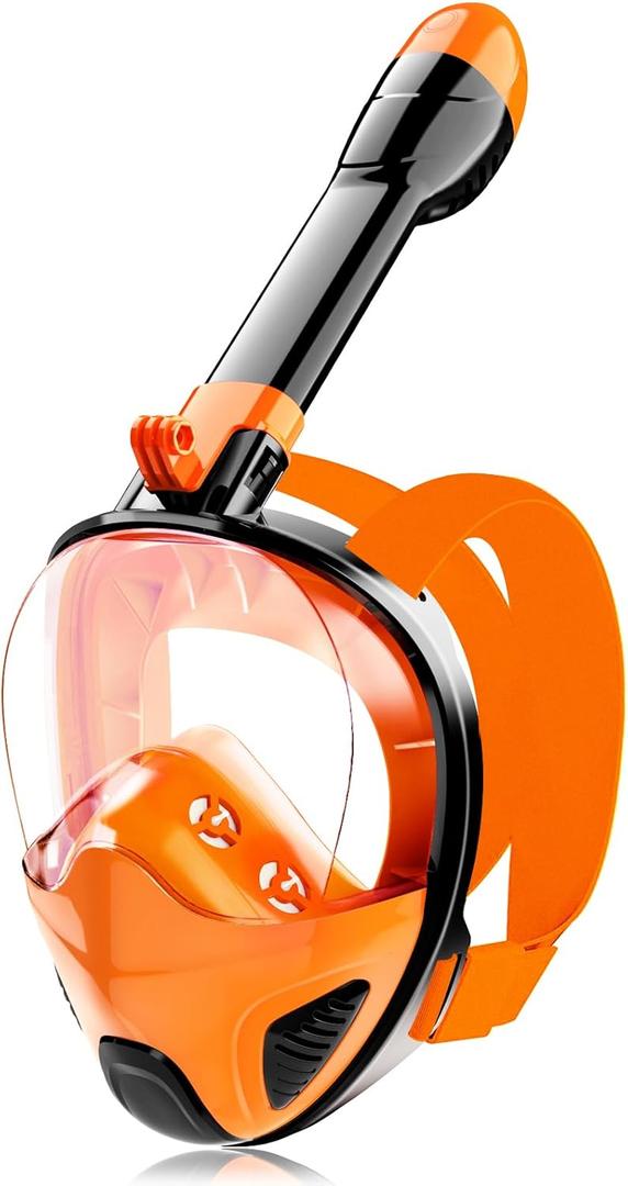 Full Face Snorkel Mask for Adults Teen, Snorkeling Gear with Detachable Camera Mount, Panoramic 180 View, Anti-Fog Anti-Leak Snorkling Set for Man and Women (Black Orange-L/XL)