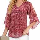 Uhiger 3/4 Length Sleeve Womens Tops V Neck Chiffon Blouse Dressy Casual Double Layered for Weekend Outings and Everyday Wear (Red, L)