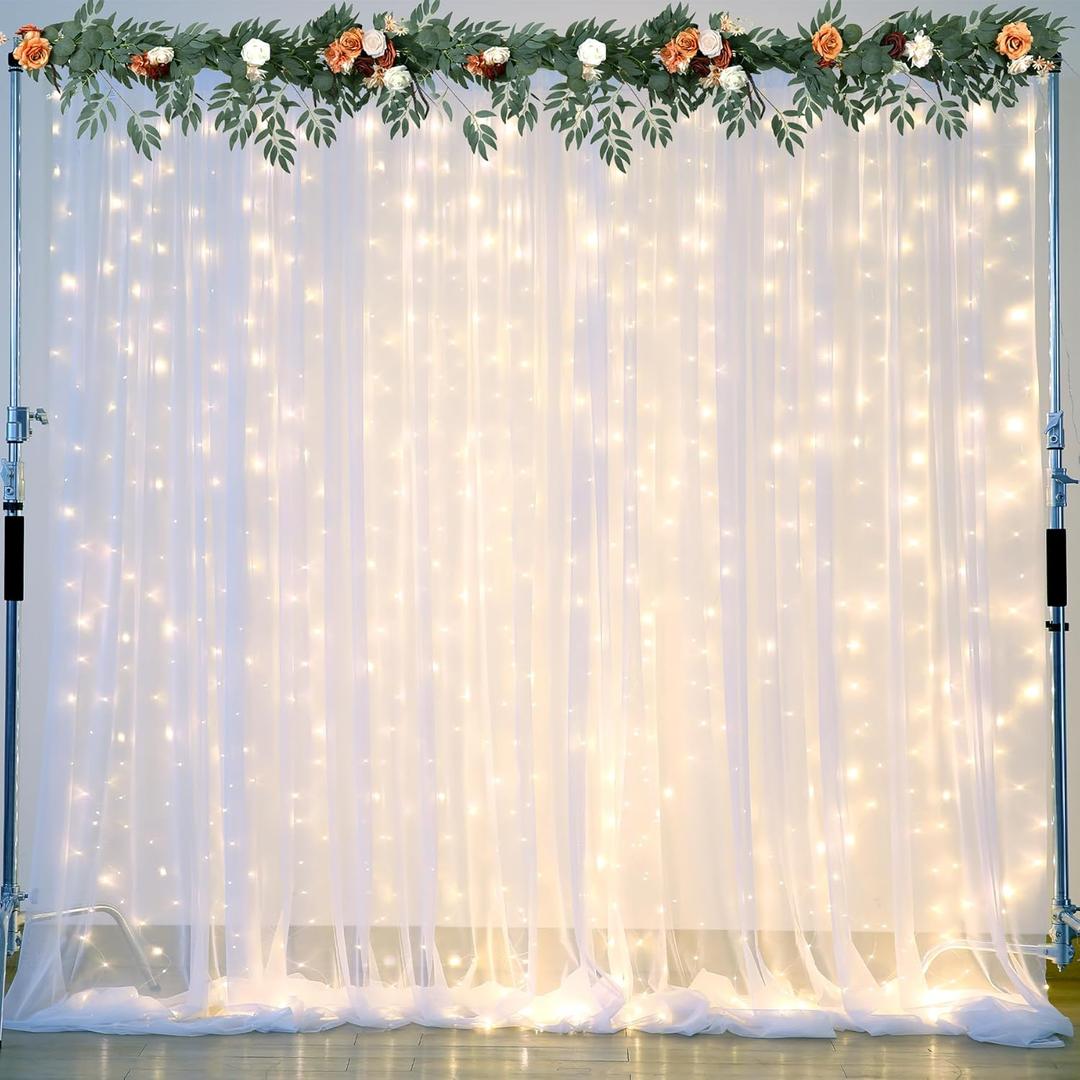 White Tulle Backdrop Curtain with Lights String for Parties, Wedding Bridal Shower, Sheer White Curtain Backdrop for Birthday Baby Shower Photo Booth, Photography Background Decorations, 20ft x 8ft