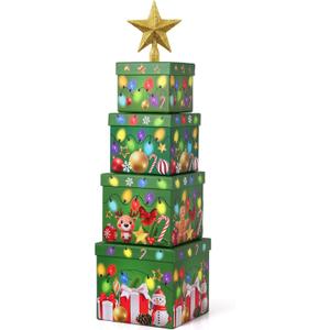 4 Pcs Christmas Nesting Gift Boxes with Christmas Star Tree Topper Hard Xmas Stackable with Lids Nested Present Boxes for New Year Birthday Party Gift Decor Supplies