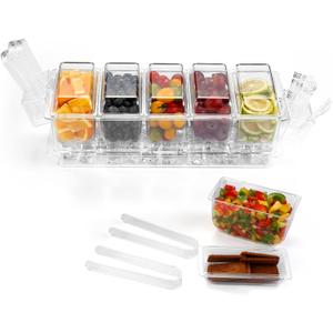 Ice Chilled Condiment Organizer with Detachable Ice Box & Hanging Side Bins  Ice Chilled Taco Bar Serving for Parties, Fruits, Salad  Includes Tongs, Spoons, Forks (BPA-Free) (5 Compartments)