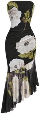 MakeMeChic Women's Floral Tube Dress Strapless Ruched Ruffle Hem Bodycon Midi Dresses Extra Large, Multicolor 
