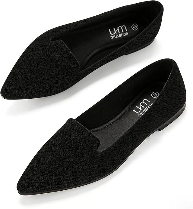 MUSSHOE Black Flats for Women Pointed Toe-Comfortable Business Casual Work Shoes, Dressy Suede Slip On with Memory Foam for Office, Teacher & Standing All Day, 7.5