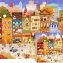 2 x Jigsaw Puzzles for Adults 1000 Pieces, Autumn Village Town 1000pc Puzzle, 1:1 Poster, Vibrant Street with Cafe, Bakery & Hotel Kuma (Autumn Tale Town), 28 *20 inch