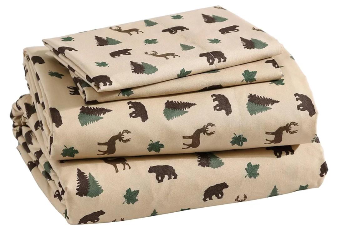Beatrice Home Fashions Cozy Cabin 4-Piece Queen Microfiber Bedding Sheet Set with Deep Pockets Rustic Patchwork Plaid Deer, Brown Tan Green