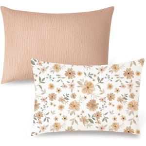 Konssy Muslin Toddler Pillowcase for 13x18 Pillow 2 Pack, 100% Cotton Toddler Pillow Case Cover, Soft & Breathable Travel Babay Kids Pillow Covers with Envelope ClosureFlourish, Toffee