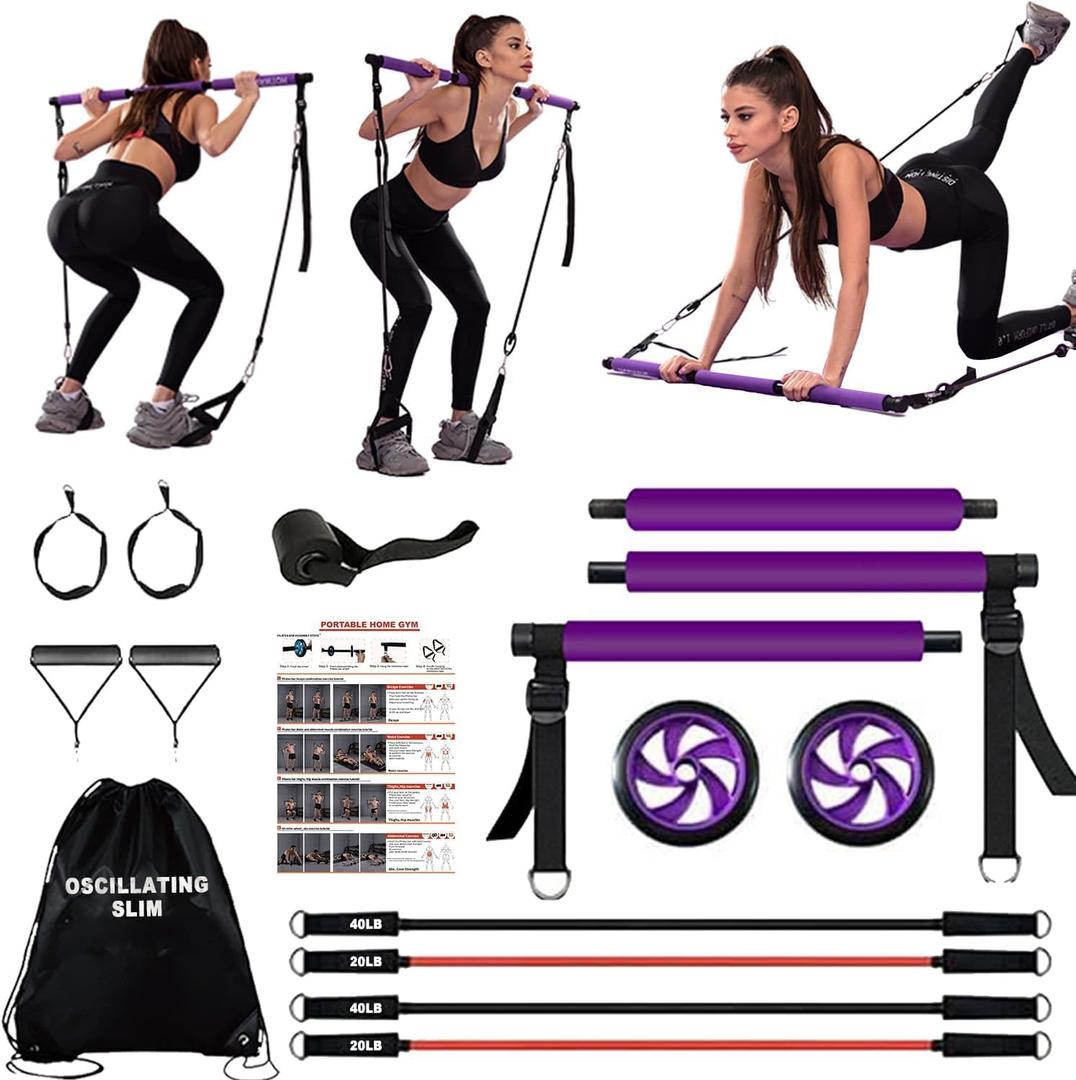 Pilates bar kit Multiple Fitness bar with Resistance Bands, Ab Rollers.Core Strength Training Equipment. Squat Machine for Men and Women.Portable Home Gym Pilates bar kit for Full Body Training Women
