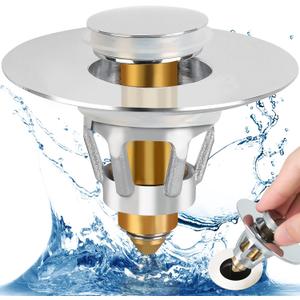 Three colors Bathroom Sink Stopper, 1.1-1.5" Bathroom Sink Drain Strainer, Universal Wash Basin Pop Up Drain Stopper, Bounce Core Push Type Sink Plug, Anti-Clogging, Stainless Steel (Silver, 2PCS)