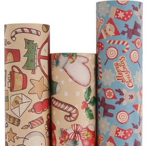 Aimyoo Blue Kraft Christmas Wrapping Paper Bundle, Kids Xmas Gift Wrap Paper Set, Stockings Santa Deers Candy Canes Snowman Designs,17 in x 16 ft per Roll