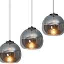 Mirror Smoke Gray Glass Pendant Lights Kitchen Island 3 Pack 7.87" Glass Globe Pendant Light Black Hanging Light Fixture Modern Pendant Lighting for Kitchen Island Bedroom Dining Room