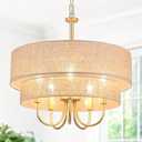 18'' Drum Chandelier for Dining Room Light Fixture 5-Light Modern Farmhouse Chandelier with Beige Linen Fabric Lampshade 2-Layer Large Drum Pendant Light Fixture for Kitchen Living Room Bedroom Gold