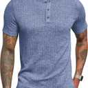 Men's Polyester Blend Slim Fit Short Sleeve Casual Henley Shirt (Blue, XL)