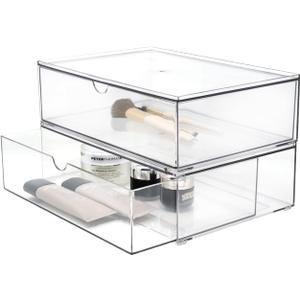 Youngever 2 Pack Large Stackable Organizer Drawers, Stackable Makeup Organizer, Stackable Makeup Storage, Clear Cosmetic Organizers, Makeup Organizer Drawers (12" x 7.5" x 3.5")